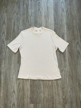 H&M Cream Ribbed Mock Neck Short Sleeve Top